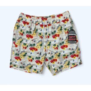Party Sharks Swim Trunks Quick Dry 6.5" Inseam Hawaiian Print Mens Medium